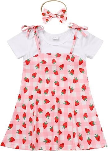 ODASDO Toddler Kids Baby Girl Strawberry Watermelon Flower Print Fake Two Piece Cotton Dress Summer Casual Playwear in Saudi Arabia