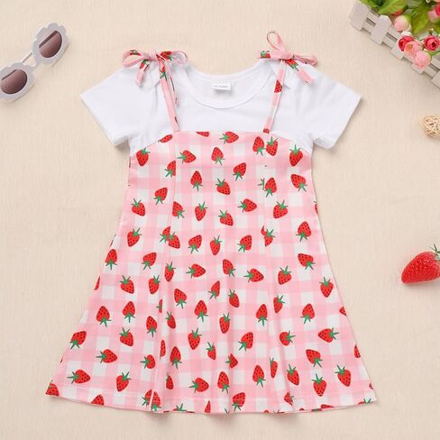 ODASDO Toddler Kids Baby Girl Strawberry Watermelon Flower Print Fake Two Piece Cotton Dress Summer Casual Playwear in Saudi Arabia