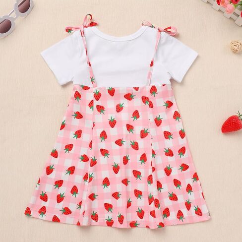 ODASDO Toddler Kids Baby Girl Strawberry Watermelon Flower Print Fake Two Piece Cotton Dress Summer Casual Playwear in Saudi Arabia