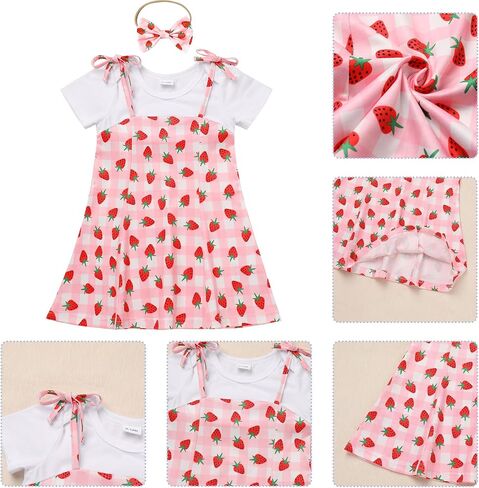 ODASDO Toddler Kids Baby Girl Strawberry Watermelon Flower Print Fake Two Piece Cotton Dress Summer Casual Playwear in Saudi Arabia