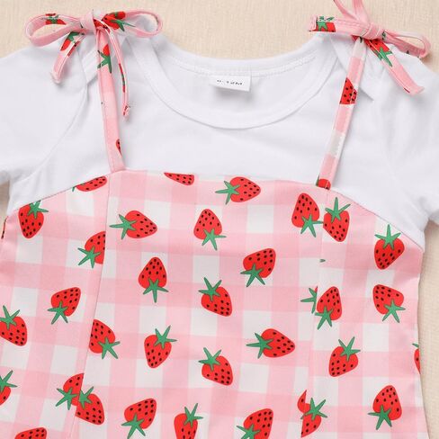 ODASDO Toddler Kids Baby Girl Strawberry Watermelon Flower Print Fake Two Piece Cotton Dress Summer Casual Playwear in Saudi Arabia