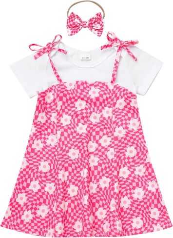 ODASDO Toddler Kids Baby Girl Strawberry Watermelon Flower Print Fake Two Piece Cotton Dress Summer Casual Playwear in Saudi Arabia