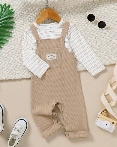 ZOEREA Toddler Baby Boys Clothes Outfit Long Sleeve T-Shirt and Romper Set Cute Jumpsuit Overalls Solid Color 6M-4T in Kuwait