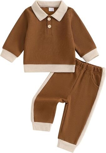 Kuriozud Toddler Boy Fall Clothes Baby Long Sleeve Lapel Button Shirt Color Block Pocket Pants Set Baby Boy Winter Outfit in Kuwait