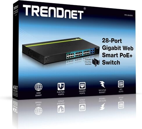 TRENDnet 28-Port Gigabit Web Smart PoE+ Switch, 24 x Gigabit Ports, 4 x Shared Gigabit Ports (RJ-45 or SFP), 185W PoE Budget, 56Gbps Switching Capacity, Lifetime Protection, Black, TPE-2840WS in Kuwait