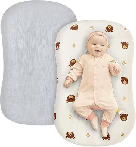 Muslin Baby Lounger Cover 2 Pack, 100% Cotton Newborn Lounger Cover, Soft and Breathable Lounger Slipcover for Boys Girls, Covers Only (Grey, Bear) in Saudi Arabia
