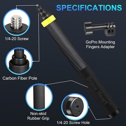 Rotating Locking Selfie Stick, 36cm to 3m Carbon Fiber Stick for Insta360 ONE X4 X3 R RS X Insta 360 GO 2 3,for GoPro Max Hero 12 11 10 9 8 7 DJI Action 3 4 Pocket 3 (Yellow) in Saudi Arabia