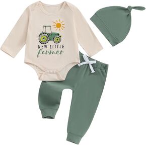 YOKJZJD 3Pcs Newborn Baby Boy Coming Home Outfit Farm New Little Farmer Long Sleeve Romper Tops Pants Set +Hat Fall Clothes