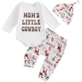 Dcohmch Western Baby Boy Clothes Mamas Little Cowboy Long Sleeve Romper Shirt + Pants + Hat Newborn Infant Fall Outfits