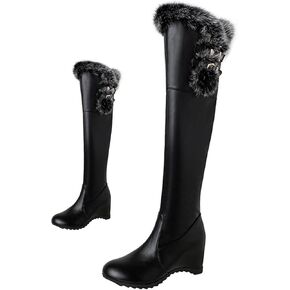 Women's Winter Over The Knee Thigh High Snow Boots Stretch Thick Rabbit Fur Collar Warm Leather Waterproof Slip-on Hidden Wedge Boot
