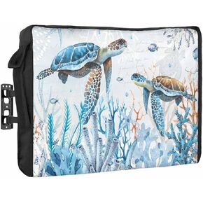 Ocean Coral Turtle Waterproof Outdoor TV Cover 52-55 Inch Weatherproof, Outside Television Cover TV Screen Protector with Remote Control Pocket, Nautical Exotic Watercolor Starfish