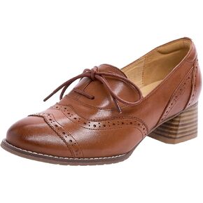 Mona flying Womens Leather 4 cm Chunky Heel Wingtip Oxfords Brogue Lace up Dress Pumps for Ladies