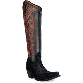 CORRAL LADIE'S BLACK OVERLAY & EMBROIDERY & STUDS TALL TOP, CORRAL LARGE 52.0 X 32.0 X 11.5 SOLE,COWHIDE LEATHER, URBAN BOOT, C4092