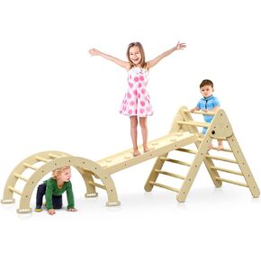 Large 5 in 1 Pikler Triangle Set Montessori Climbing Set with Arch Rocker, Racetrack Ramp, Toddler Climbing Toys Indoor Ladder - Foldable Outdoor Wood Climbing Gym