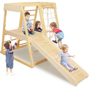 7-in-1 Indoor Jungle Gym Toddler Climbing Toys Indoor Playground Climbing Toys for Toddlers Wooden Climber Playset Slide, Rock Climbing Wall, Rope Wall Climber, Monkey Bars, Swing