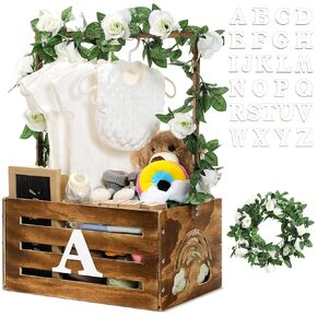 Yerliker Wooden Baby Shower Crate Closet Rainbow Baby Storage Crate Hamper with Handle Garland 26 Letter Basket Baby Shower Wooden Gift Crate for Girls Boys Pregnancy Gifts for Parents (Pink)