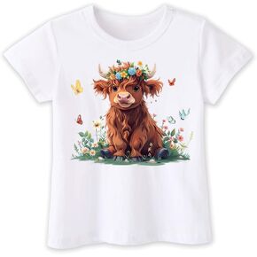 Toddler Baby Girls Floral Highland Cow Vintage Short Sleeve T-Shirt