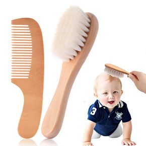 Baby Hair Brush and Comb Set, Newborns Toddlers Kids Natural Soft Goat Bristles Massage Comb Bath Brush with Wooden Handle