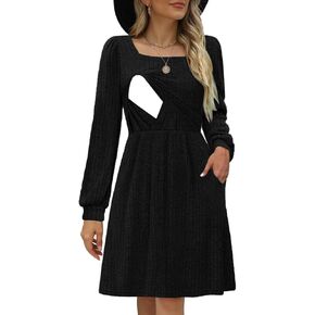 Womens Nursing Fall Dresses Square Neck Long Sleeve Winter Knit Sweater Dress 2024 with Pockets