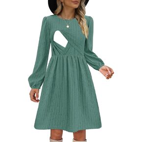 Women Nursing Dress Long Sleeve Round Neck Maternity Flowy Knee Length Babydoll