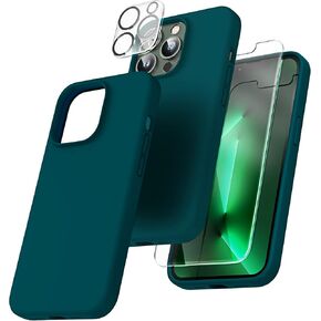 TOCOL [5 in 1 for iPhone 13 Pro Max Case, with 2 Pack Screen Protector + 2 Pack Camera Lens Protector, Slim Liquid Silicone Phone Case 6.7 Inch, [Anti-Scratch] [Drop Protection],Teal