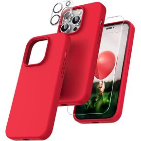 TOCOL [5 in 1 for iPhone 13 Pro Max Case, with 2 Pack Screen Protector + 2 Pack Camera Lens Protector, Slim Liquid Silicone Phone Case 6.7 Inch, [Anti-Scratch] [Drop Protection],Red