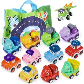 Baby Toy Cars for 1 Year Old Boy, Mini Pull Back Trucks with Playmat for Toddler Age 12-18 Months, 12PCS Infant Friction Powered Push Vehilces, Cartoon Birthday Gift for Kids Aged 2 3 4
