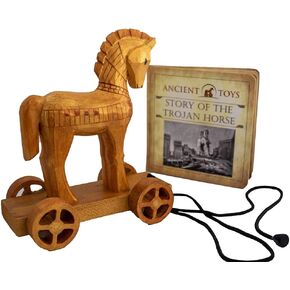 Ancient Toys - Wooden Trojan Horse Pull Toy with Hardcover Book! Teach Children About History Through Interactive Play