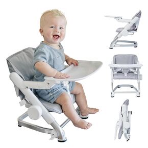 Feed Me Go 3-in-1 Travel High Chair Booster Seat for Infants and Toddlers - Transitional, Compact & Fits Any Chair, Swivel Tray, Gray
