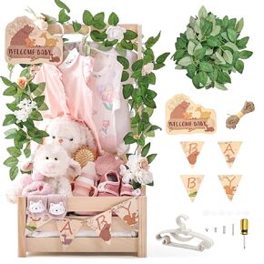 Wooden Baby Shower Crate Closet Forest Theme Baby Shower Basket Easy Assembly Wooden Crate for Baby Shower Gifts with Baby Hangers Welcome Gift Basket for Newborn Pregnancy Gifts for New Parents