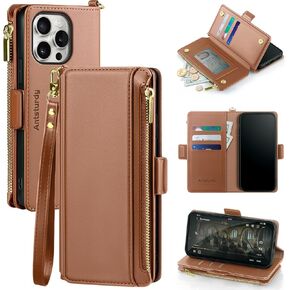 Antsturdy متوافق مع iPhone 16 Pro Wallet Case، RFID Blocking PU Leather Phone Case النساء الرجال Kickstand غطاء الوجه حزام المعصم سحاب فتحات حامل بطاقة الائتمان لـ Apple 16 Pro 6.3 "، النبيذ الأحمر
