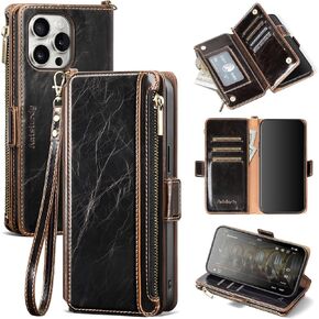 Antsturdy Compatible with iPhone 16 Pro Wallet Case,RFID Blocking PU Leather Phone Case Women Men Kickstand flip Cover Wrist Strap Zipper Credit Card Holder Slots for Apple 16 Pro 6.3",Wine Red