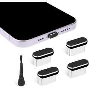 4PCS USB C Dust Plug with Cleaning Brush, Anti-Dust Charging Protector Cap Port Cover Cell Phone Cleaner Plug Compatible with iPhone 15 Series, All USB Type C & Lightning Port Devices(Black)