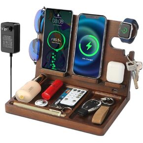 Wireless Charging Station,Wood Phone Docking Station,Nightstand Charging Station Organizer with 4 Wireless Charger for iPhone/Samsung/Android/Apple Watch/Air Pod/Galaxy Buds,Gifts for Men