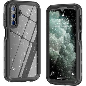 for Samsung-Galaxy-A15 (4G/5G) IP68 Waterproof Case Full-Body Slim Snowproof Shockproof Dustproof Underwater TPU PC Hybrid Outdoor Transparent Cover with Hand Strap (Black)