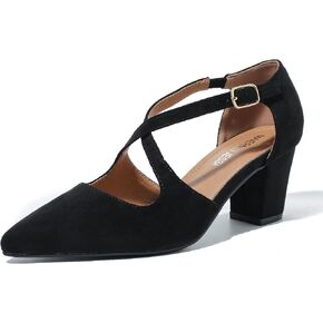 Women's Block Chunky Heel Pumps Cross Strap Closed Pinted Toe Low Heeled Dress Shoes