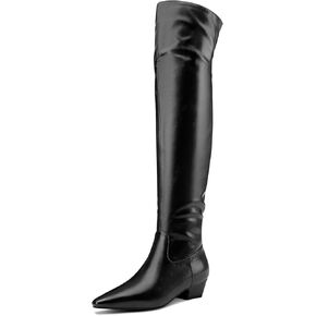 TNYNFBEB Womens Chunky Block Low Heel Pointed Toe Over Above The Knee Boots Zipper Prom Party Dress 1.4 Inches Heels