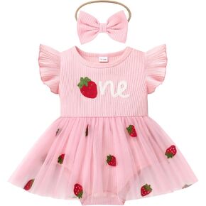 IMEKIS Baby Girls 1st Birthday Outfit Strawberry Butterfly Romper Dress with Headband Cake Smash Photo Shoot Clothes in Saudi Arabia