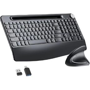Full-Size Ergonomic Keyboard and Mouse, 2.4GHz Wireless Keyboard and vertical Mouse with Tablet Phone Holder, Wrist Rest for Computer Mac PC Laptop Chromebook, Black