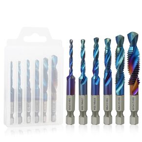 Hakkin M3 - M10 Metric Combination Drill and Tap Bit Set, 6 Pack 3-in-1 Screw Tapping Bit Tool, Blue Coating Twist Drill Tap Combination Bit Set with 1/4" Hex Shank Spiral Flute
