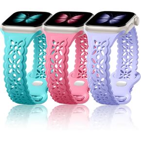 أشرطة سيليكون ناعمة من الدانتيل الزهري اللطيفة من Maledan متوافقة مع سوار ساعة Apple 38 مم 40 مم 41 مم 42 مم 44 مم 45 مم للنساء، 3 عبوات حزام سوار نحيف مسامي لـ iWatch SE Apple Watch Series 9 8 7 6 5 4 3 in Kuwait