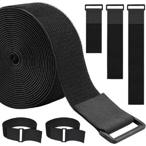1.5In x 16Ft Cable Straps Heavy Duty With 20 Buckles, Black Hook and Loop Straps, Reusable Cable Ties for Organizer or Storage