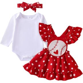 Newborn Infant Baby Girl Baseball Outfits Long Sleeve Romper Baseball Suspender Skirts Headband Fall Clothes Set