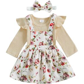 Douhoow Infant Girl Fall Outfits Baby Girl Romper Suspender Floral Dress Skirt with Headband 3Pcs Festival Clothes
