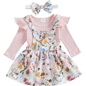 Douhoow Infant Girl Fall Outfits Baby Girl Romper Suspender Floral Dress Skirt with Headband 3Pcs Festival Clothes