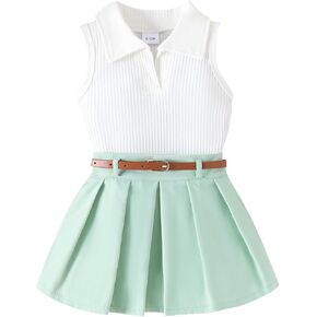 Toddler Baby Girl Skirts Outfit Kids Ribbed Knit Vest Top+Pleated A-Line Mini Skirt with Belt 2Pcs Summer Clothes