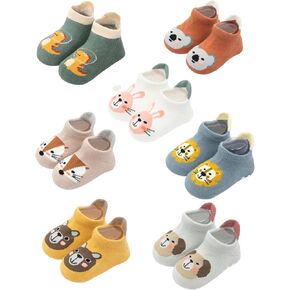 7 Pairs Baby Cotton Grip Socks, Cute Animal Themed Toddler Non-Slip Socks, 0-18 Months Anti-Skid Socks, Cotton Knit, Sweat Absorbent