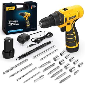 DELI 12V Cordless Drill Set, 2.0Ah Battery with Charger, 265 inch-lbs Power Drill, 3/8'' Keyless Chuck, 18+1 Torque Settings, Electric Drill, Mini Drill, Hand Drill for Home Improvement