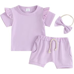 Ledy Champswiin Infant Baby Girl Summer Clothes Solid Color Short Sleeve Ruffle Tops Shorts Set Toddler 3Pcs Outfits in Kuwait