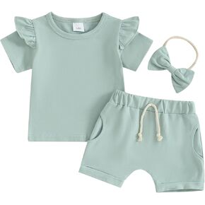 Ledy Champswiin Infant Baby Girl Summer Clothes Solid Color Short Sleeve Ruffle Tops Shorts Set Toddler 3Pcs Outfits